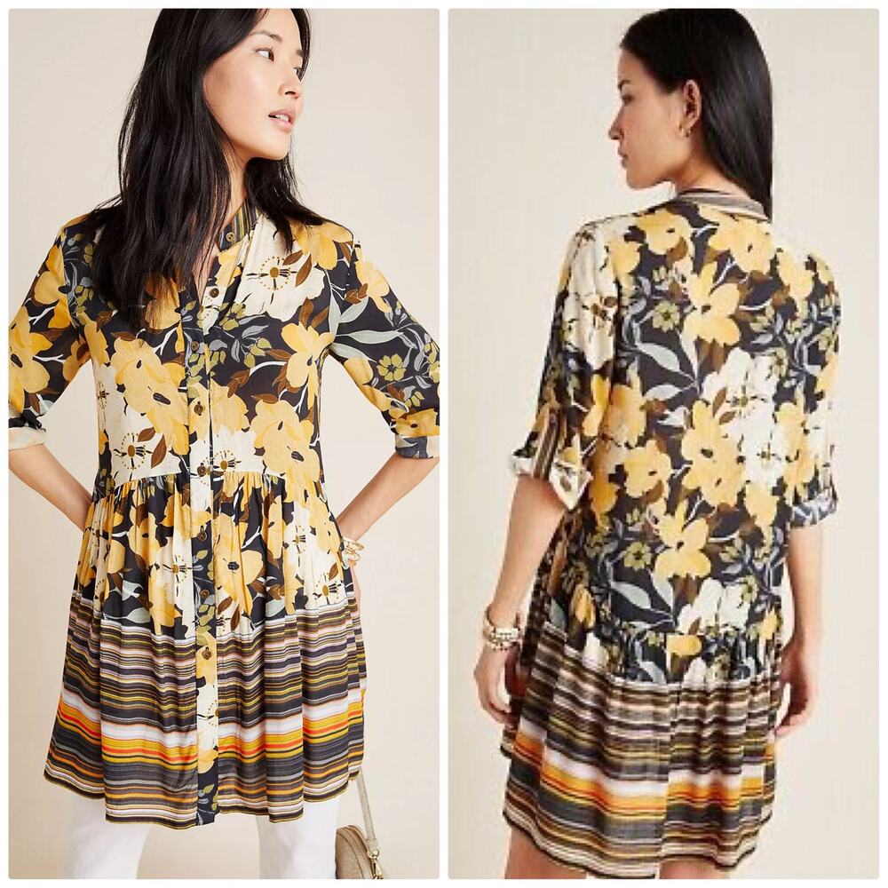 Anthropologie Floral Mini Dress Yellow Green